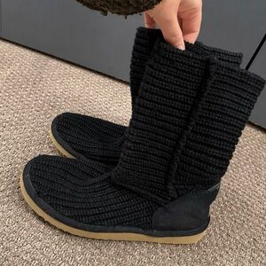 UGG Black Knit Mid-Calf Booties with Tan Sole
